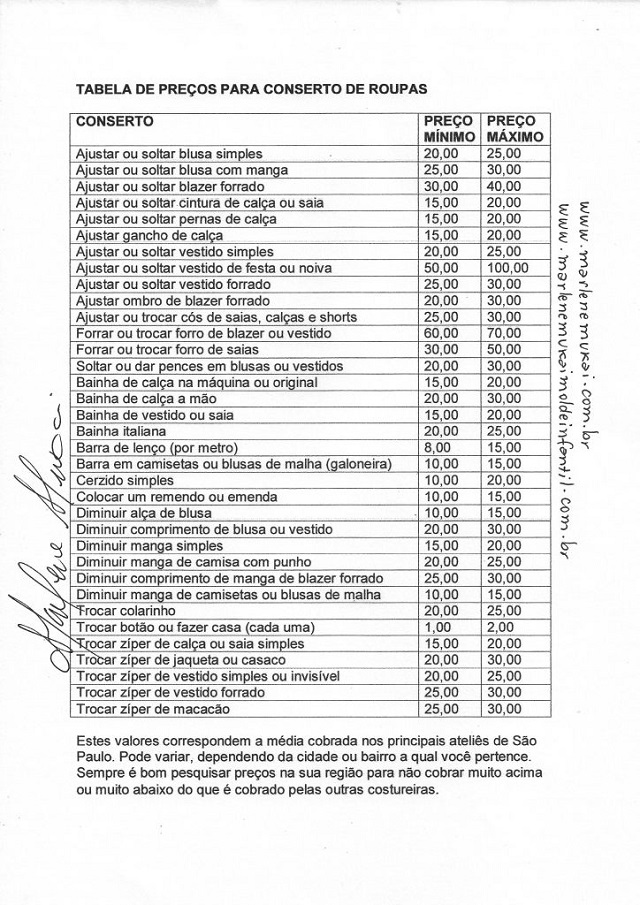 tabela de preços de consertos de roupas 2023