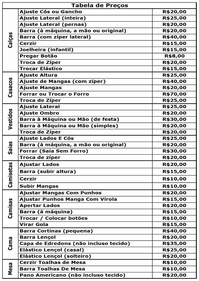 tabela de preços de ajuste de roupas 2023