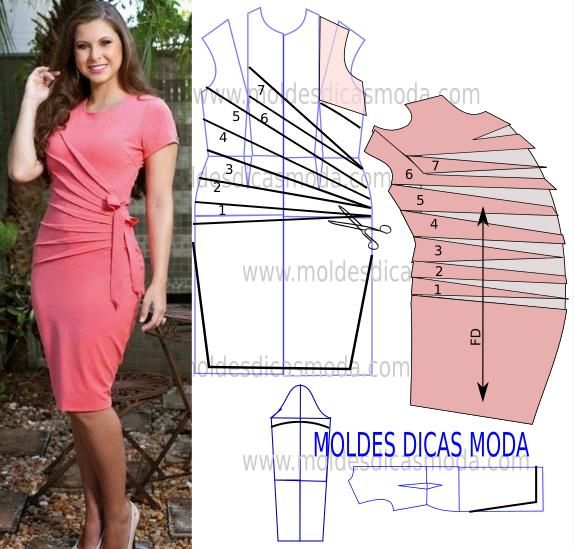 molde de vestido drapeado na frente